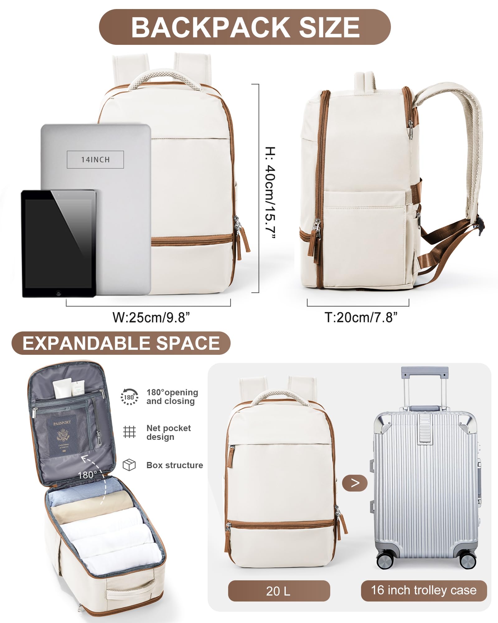 Zaino da Viaggio per Ryanair 40x20x25 Bagaglio a Mano Zaino Borse da Cabina per Ryanair Il Sedile Zaino Aereo Bagaglio a Mano Donna Borsa Cabina Viaggio Zaino Viaggio Casual Daypack,L4-Marrone beige