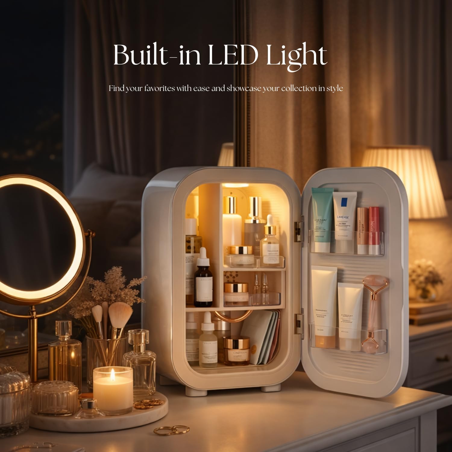 22L Skincare Mini Fridge, Beauty Fridge with Comestic Storage, 44°F Intelligent Cooling, Personal Makeup Fridge with Glass Door, Small Refrigerator for Bedroom, Skin Care, Dorm, Vanity