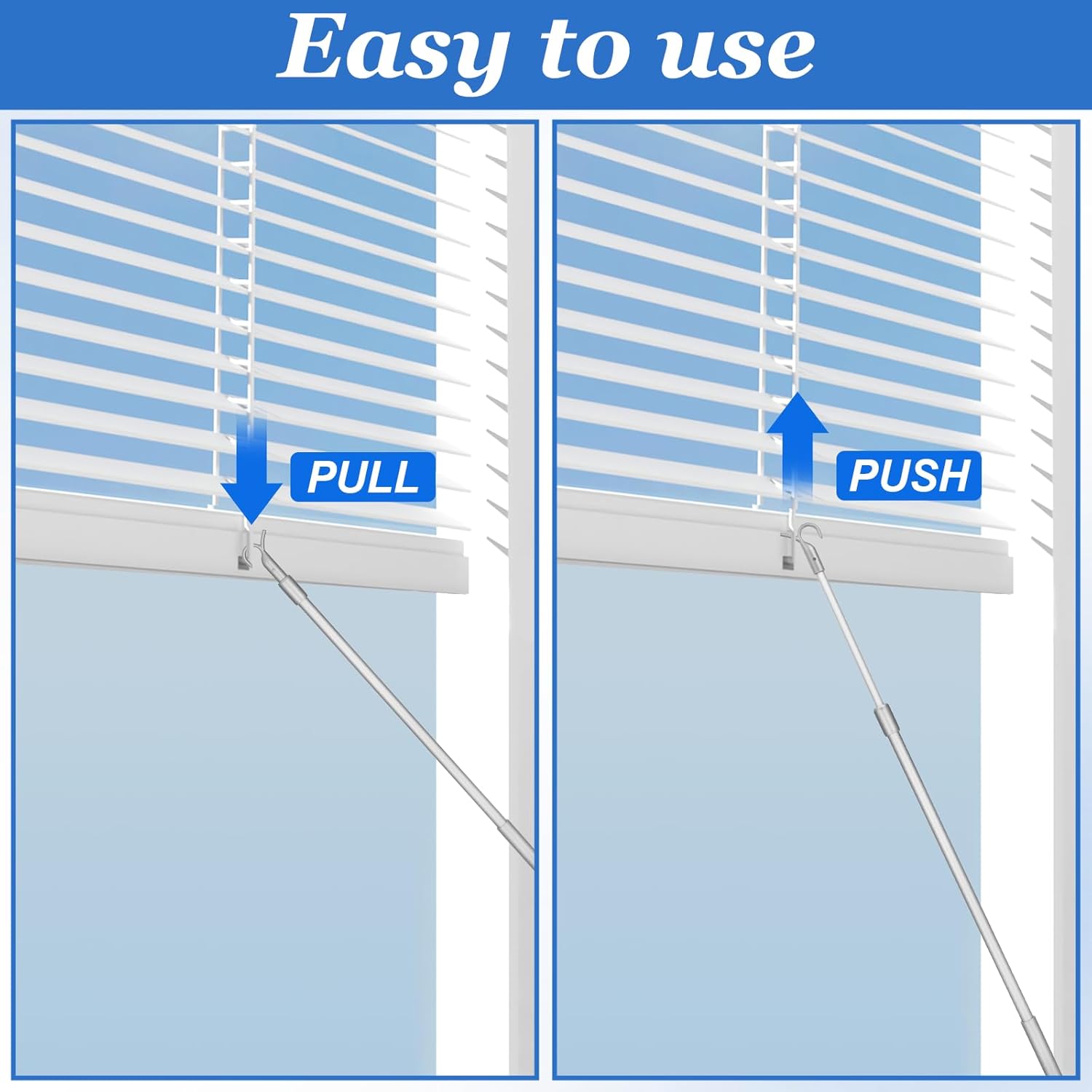 Blind Wand, Draw Rod for Cordless Window Shades and Blinds Telescopic Push Pull Adjustable Draw Rod Aluminum Easy to Pull The Shade Up and Down Roller Shade Replacement Part with Hook(14"-24")