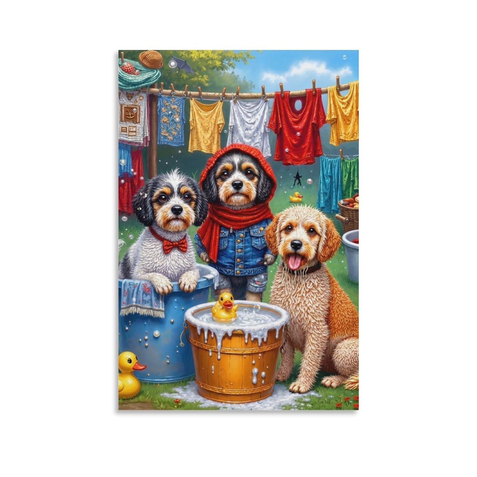 DHBANEIOK Dogs Bathing Scene Poster Artwork Giclee Canvas Prints Modern Wall Art Picture Wall Hanging for Home Decorations 12x18inch(30x45cm)