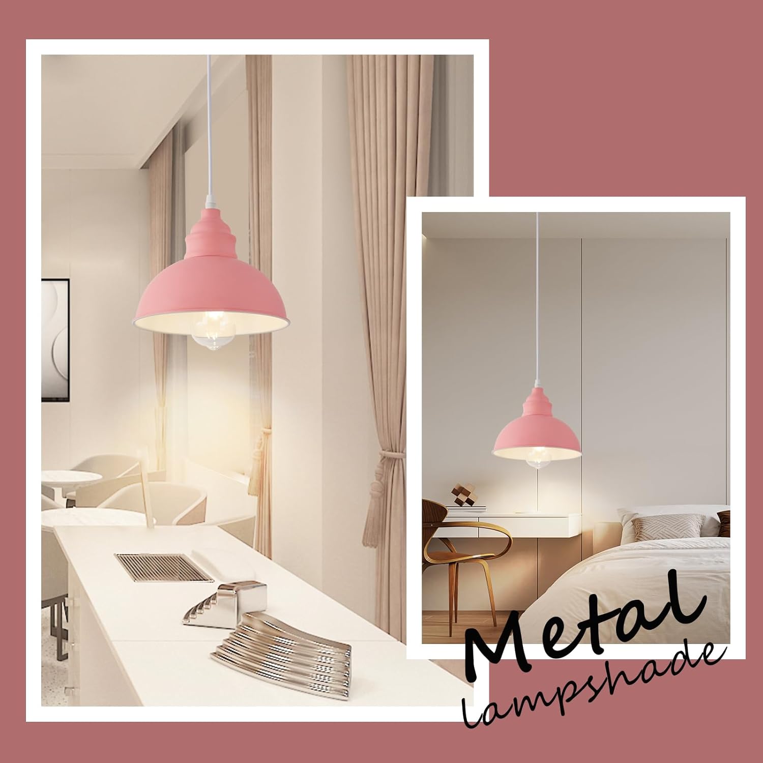 Plug in Pendant Light, 15FT Hanging Lights, On/Off Switch, Industrial Pendant Light with Plug in Cord, Metal Hanging Lamps for Living Room, Kitchen, Dining Room -Pink