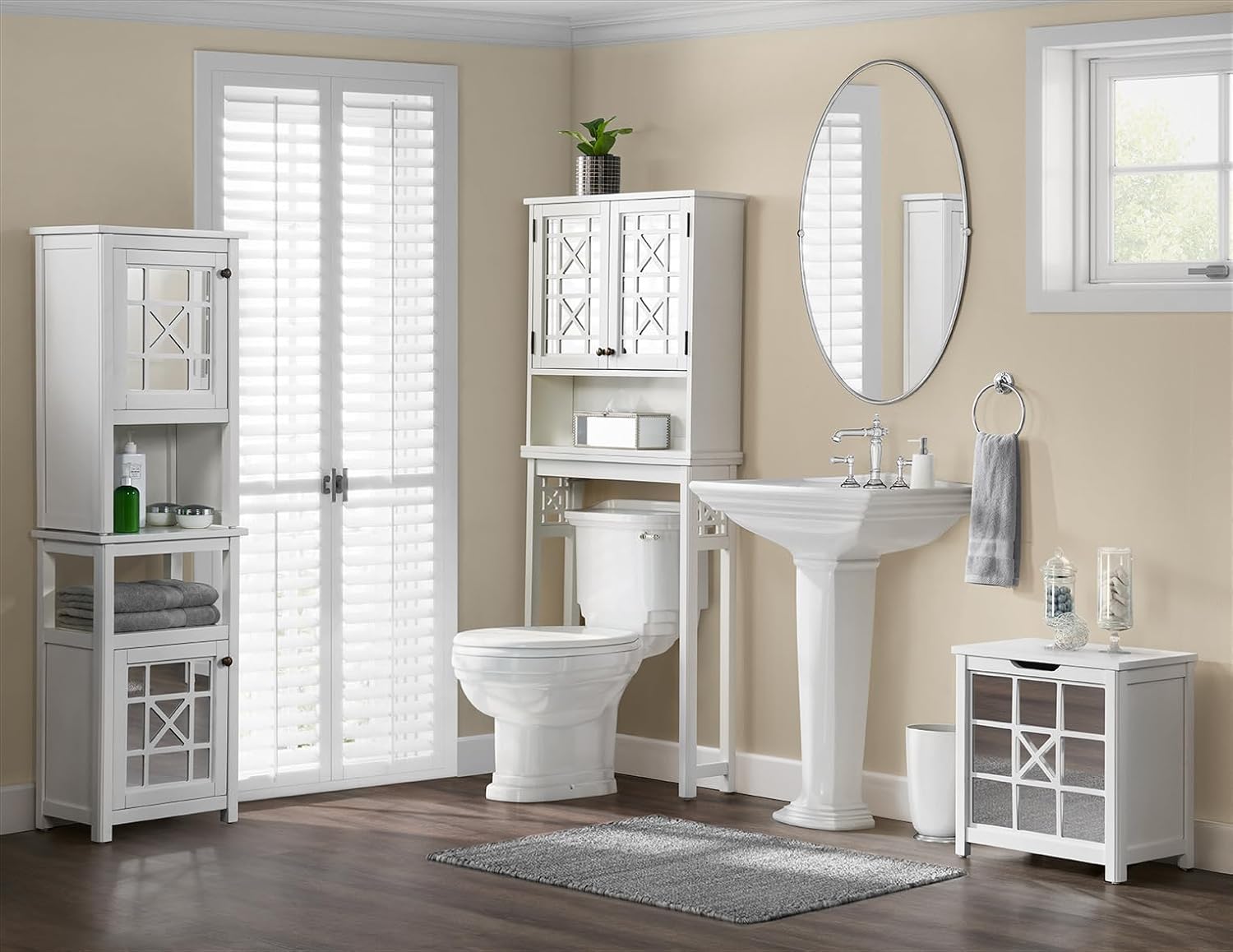 Alaterre Derby 5-Piece Bathroom Storage Set, White - Includes Over Toilet Shelf, Wall-Mounted Cabinet with Tempered Glass Doors, Deluxe Clothes Hamper, Floor Storage Cabinet, and Storage Hutch