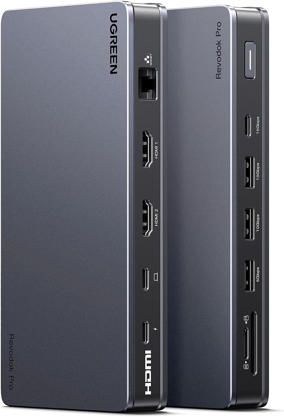 Front and back view of the UGREEN Revodok Pro 2101 USB C Docking Station, showcasing its compact design and various ports.
