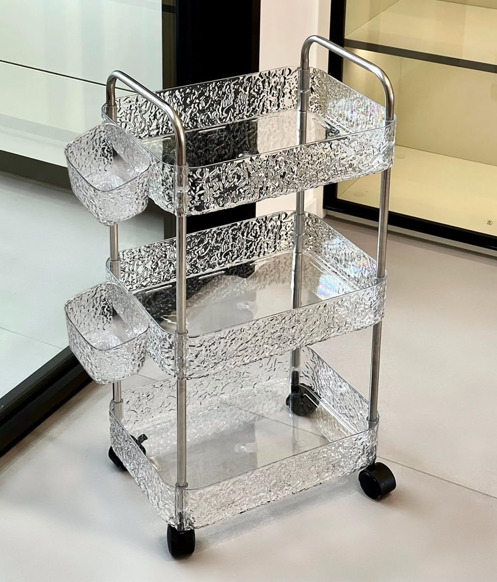 Carrito transparente de tres niveles, estantería de almacenamiento móvil, estantería para libros, estantería para aperitivos, con 2 cestas colgantes grandes, adecuado para sala de estar,