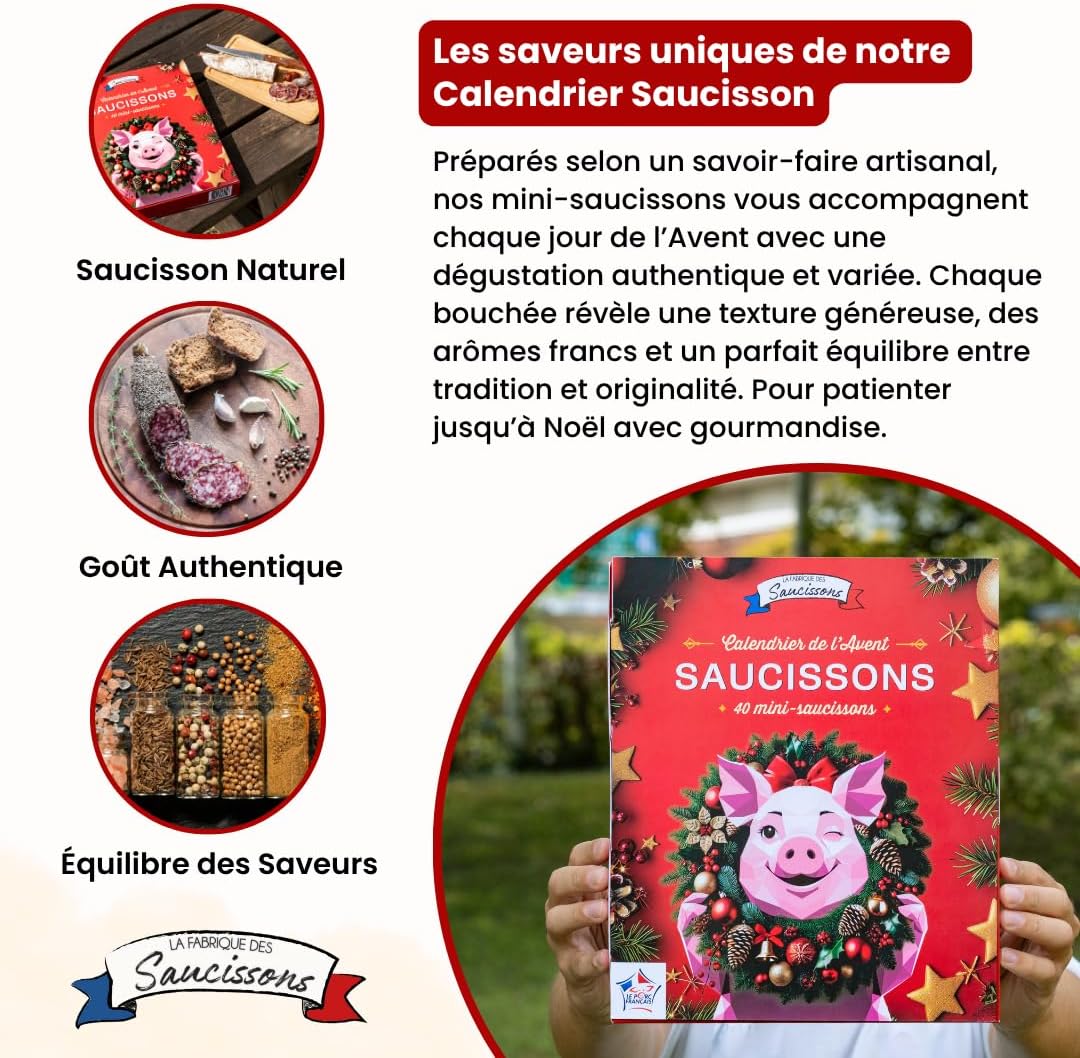 Ici Présent Calendrier de l’Avent 2025 Saucisson – 40 Mini-Saucissons + 4 Sticks, 10 Saveurs, 100 % Porc Français, Édition Limitée - Image détaillée