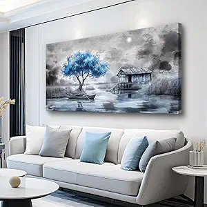 Large Wall Decor for Living Room Stretched and Framed Canvas Wall Art for Office Wall Decorations for Bedroom The Blue Tree Paintings The Hut Picture Artwork Home Decor Ready to Hang