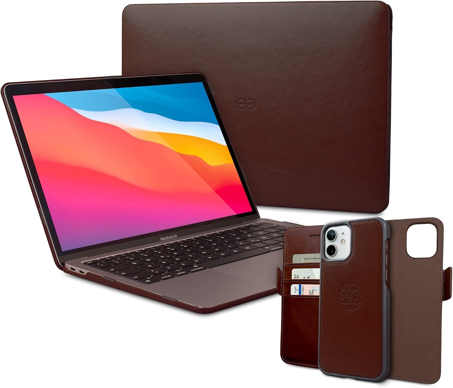 Dreem Bundle: Fibonacci Wallet-Case for iPhone 12 Mini with Euclid MacBook Air Case 13-Inch Hard Cover - Coffee