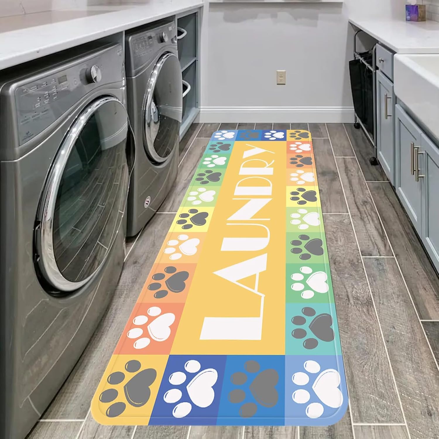 Laundry Rug Cute Puppy Dog Paw Runner Rug 20X47Inch Non-Slip Rubber Laundry Room Mats for Kitchen Bathroom Entryway Stylish Modern Versatile Decor