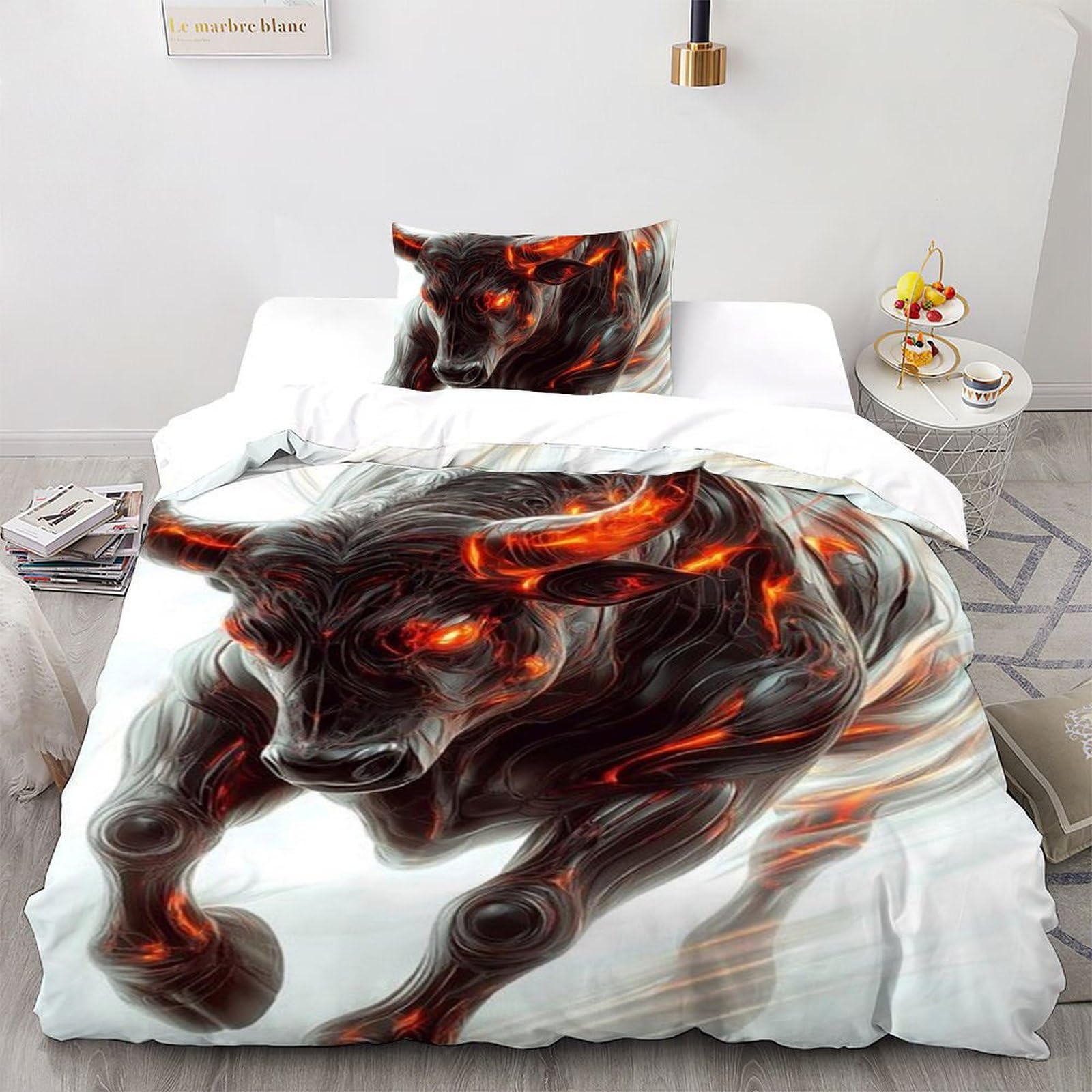 Housse de couette single 135x200cm taureau féroce animaux imprimé 3D avec taies d'oreiller