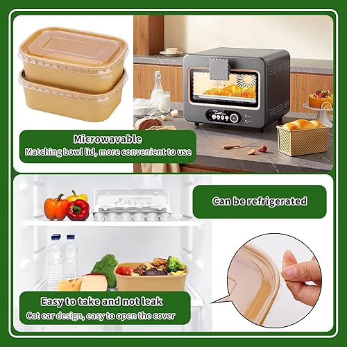 Miniatura 5 de Paquete de 25 cuencos de papel de 19 onzas, recipientes desechables con tapas, cuencos rectangulares desechables con tapas, cuencos desechables con