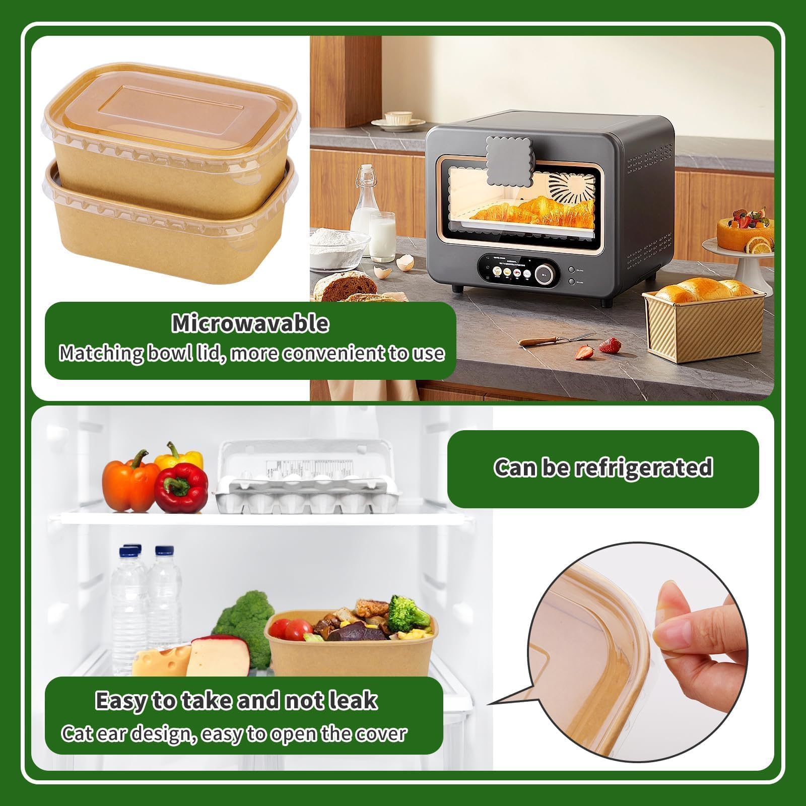 Paquete de 25 recipientes desechables de papel de 19 onzas, recipientes cuadrados desechables para alimentos con tapas transparentes, cuencos de ensalada de papel con tapa adecuados para ensalada de