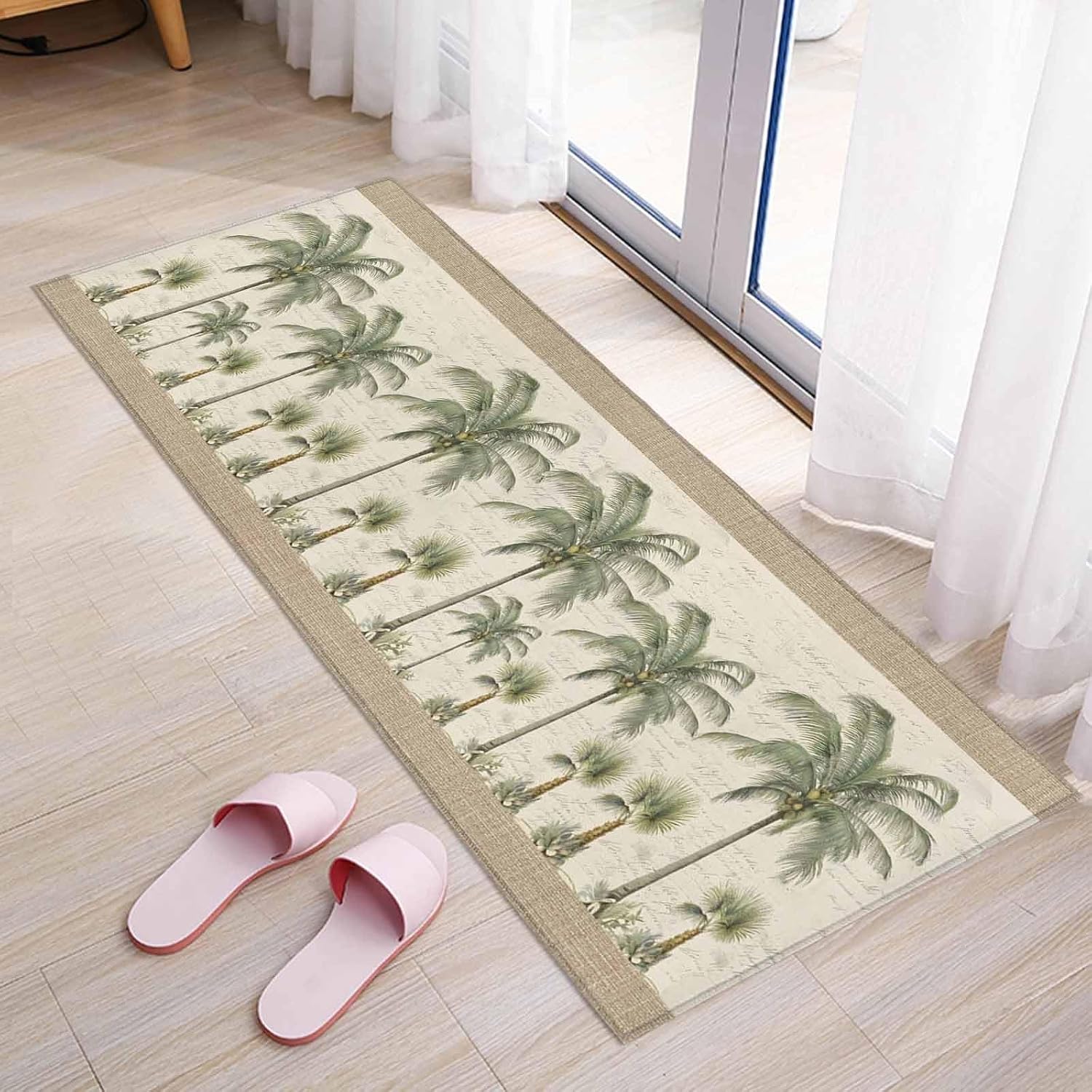 Kitchen Mats for Floor Coastal Tropical Olive Green Palm Trees Washable Non Slip Kitchen Rugs 1PCS, Classic Retro Linen Absorbent Standing Mats for Sink Bathroom Office Living Room 15.7x47.2in