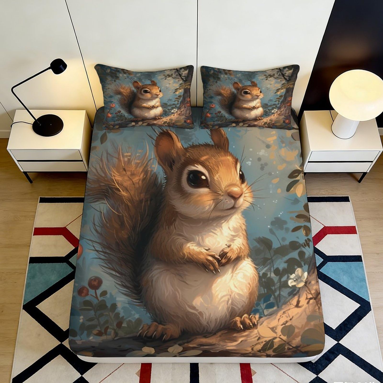 3D Printed Squirrel Fitted Sheet Microfiber Soft Durable Woodland Animals Bed Cover for Bedroom Dormitory Guest Room Mattress Protection 120x200x25cm