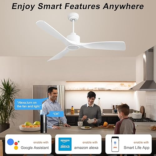 Miniatura 3 de Ventilador de techo inteligente de 52 pulgadas con motor de CC silencioso, 3 aspas de alto CFM para interiores y exteriores, ventilador de techo