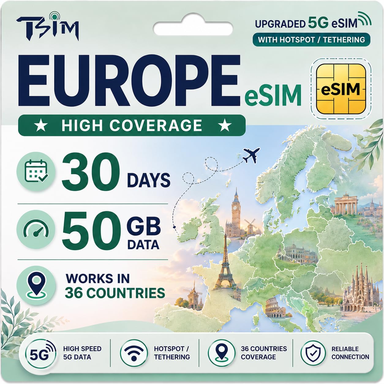 TSIM Europe eSIM 30 Day 30GB | High Coverage Multi-Operator 5G Network | Refillable Using InstaSIM | Hotspot Allowed | Works in 36 Europe Countries