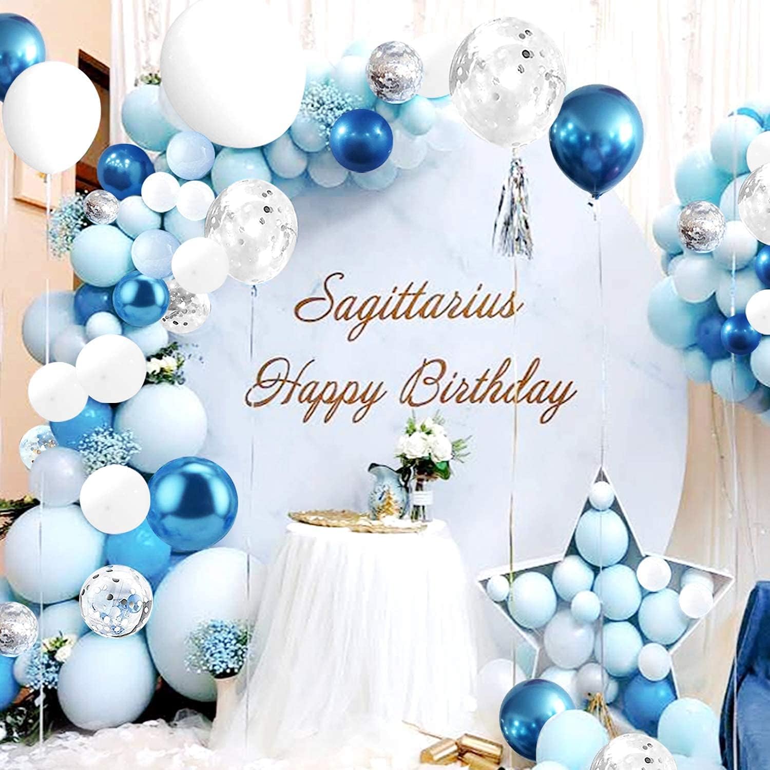 Y&LConfetti & Metal Latex Balloons Arch & Garland Kit with Pump (123 Pieces, Blue & White)