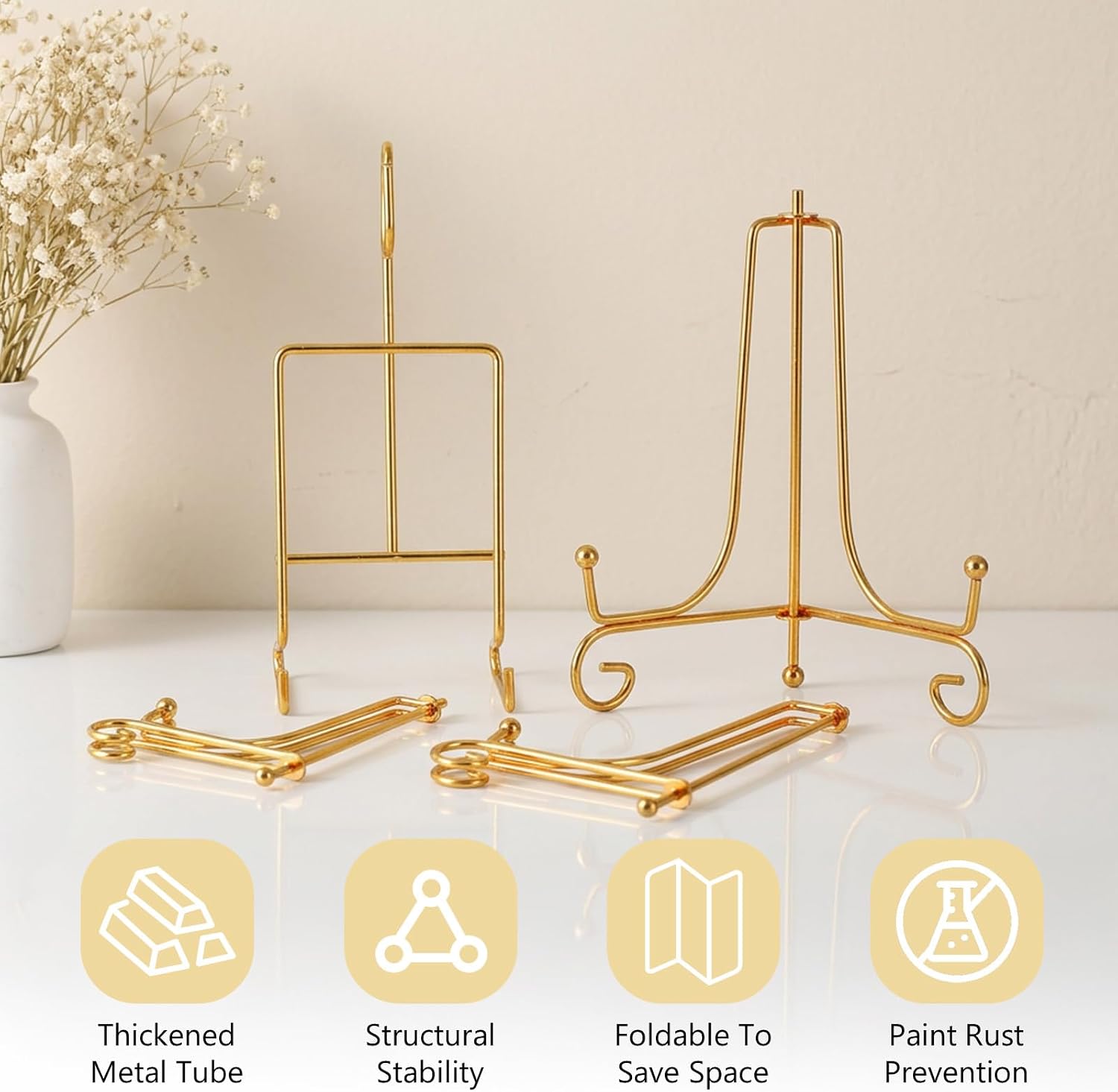 6 Pcs 3 Size Gold Plate Stands for Display, 4 6 8 Inch Plate Holder & 6-Cup and Saucer Display Stand for Displaying Picture Frames, Book, Card, Bowl, Decorative Plates