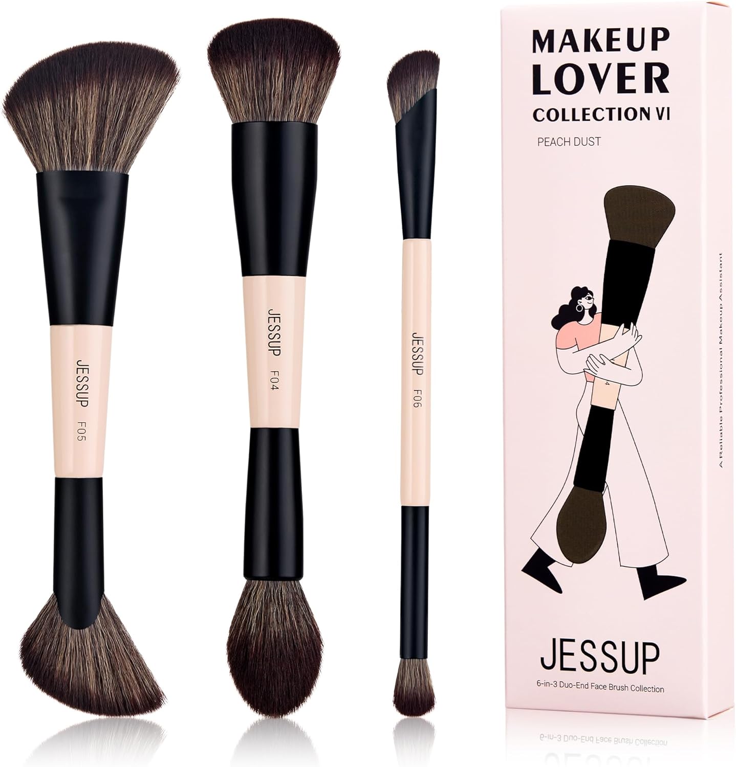 Jessup Facial Makeup Brushes, 3pcs Makeup Brushes With Double Ends for Foundation, Contour, Blush, Highlighter and Powder, Synthetic Facial Makeup Brushes, Peach Dust T508