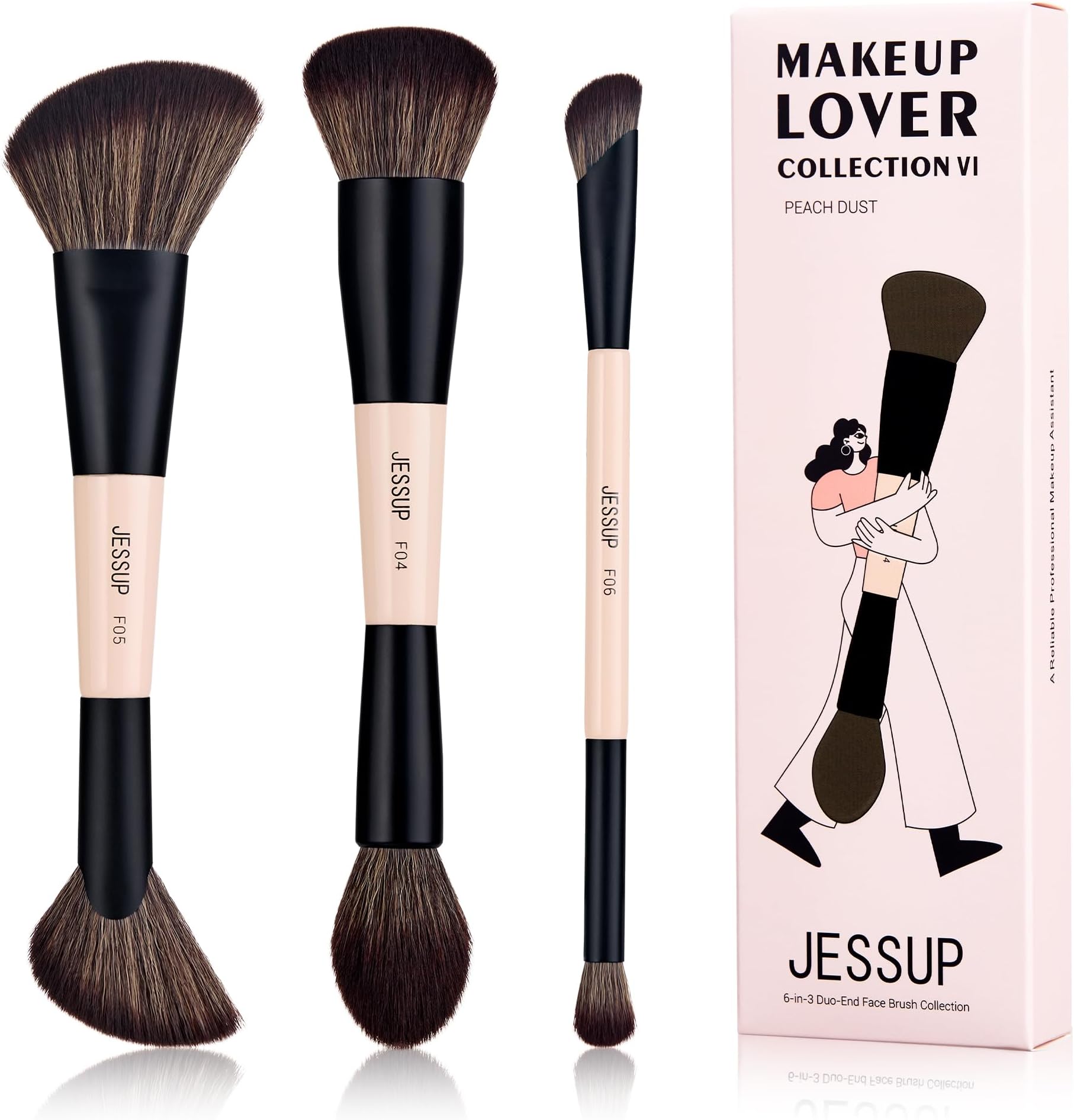 Face Makeup Brushes 3pcs Double Ended Makeup Brush Set for Foundation Contour Blush Highlight and Powder, Premium Synthetic Make up Brushes Peach Dust T508