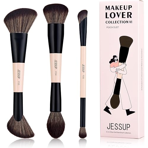 Jessup Face Makeup Brushes 3pcs Double Ended Makeup Brush Set for Foundation Contour Blush Highlight and Powder, Premium Synthetic Make up Brushes Peach Dust T508