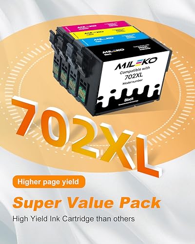 Miniatura 4 de MILEKO 702XL - Cartuchos de tinta remanufacturados de repuesto para impresora Epson 702XL 702 702 XL T702XL con Workforce Pro WF-3720 WF-3730