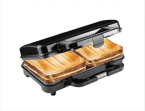 Bestron XL Sandwich Maker, Tostapane per 2 sandwich a forma di conchiglia, ideale per sandwich americani, con regolazione automatica della temperatura e indicatore di prontezza, Colore: Nero