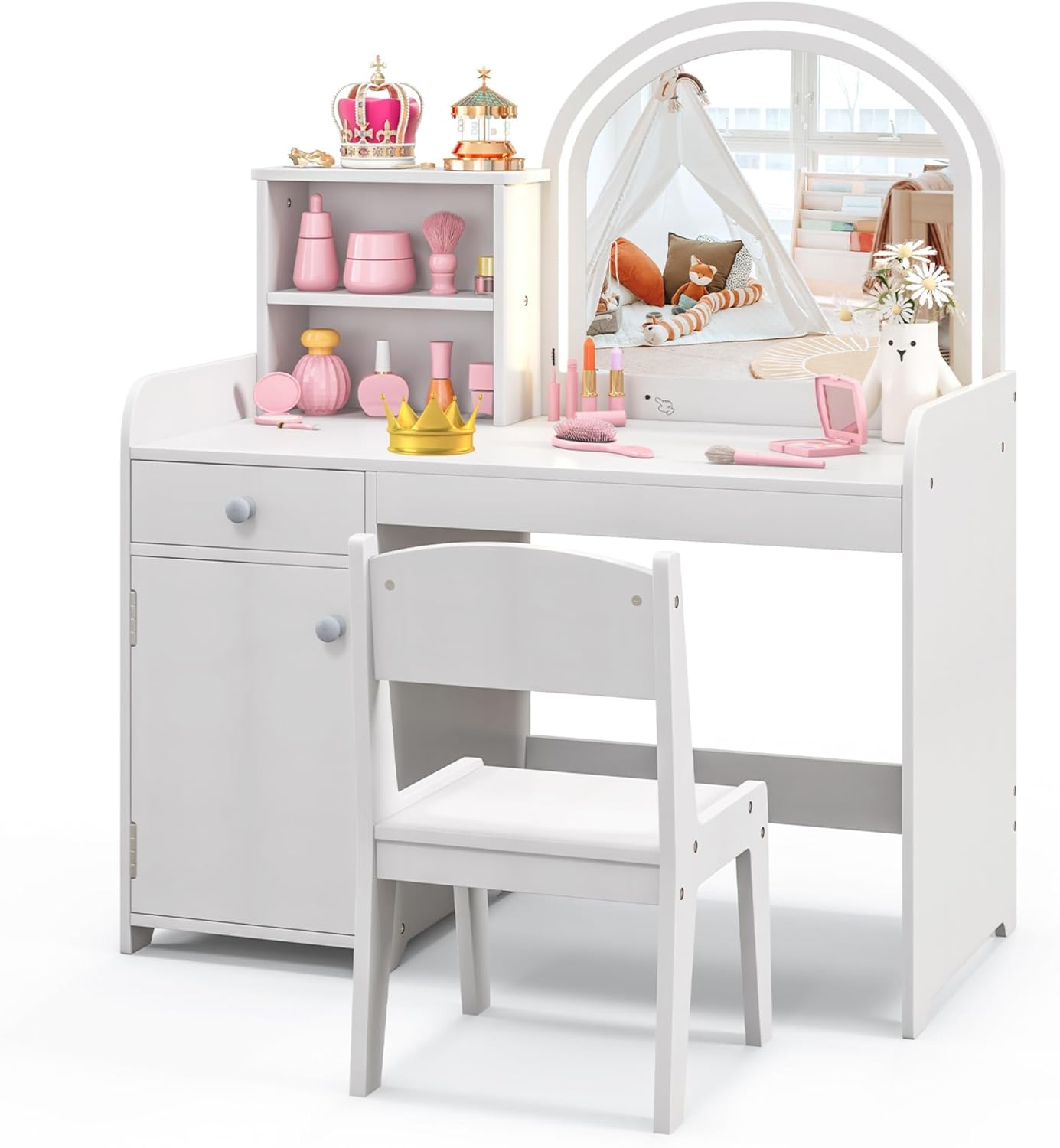 Kids Vanity, 2 in 1 Kids Vanity Table & Chair Set w/Lighted Mirror, Drawer, Storage Shelves & Cabinet, Pretend Play Toddler Vanity, Girls Vanity for Little Girls, Ages 3+, White