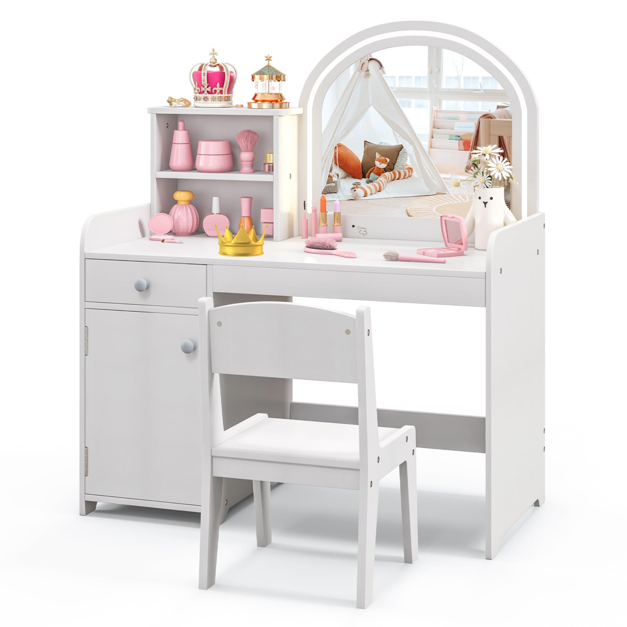 CHEFJOY Kids Vanity, 2 in 1 Kids Vanity Table & Chair Set w/Lighted Mirror, Drawer, Storage Shelves & Cabinet, Pretend Play Toddler Vanity, Girls Vanity for Little Girls, Ages 3+, White