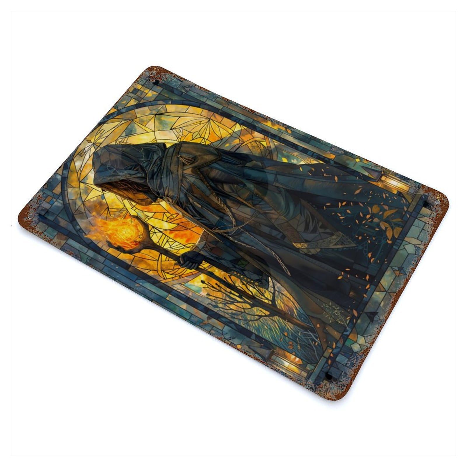Garage Style Stained Glass Fire Wizard Distressed Metal Wall Sign 11.8"x7.9", Novelty Wall Decor for Bar And Workshop