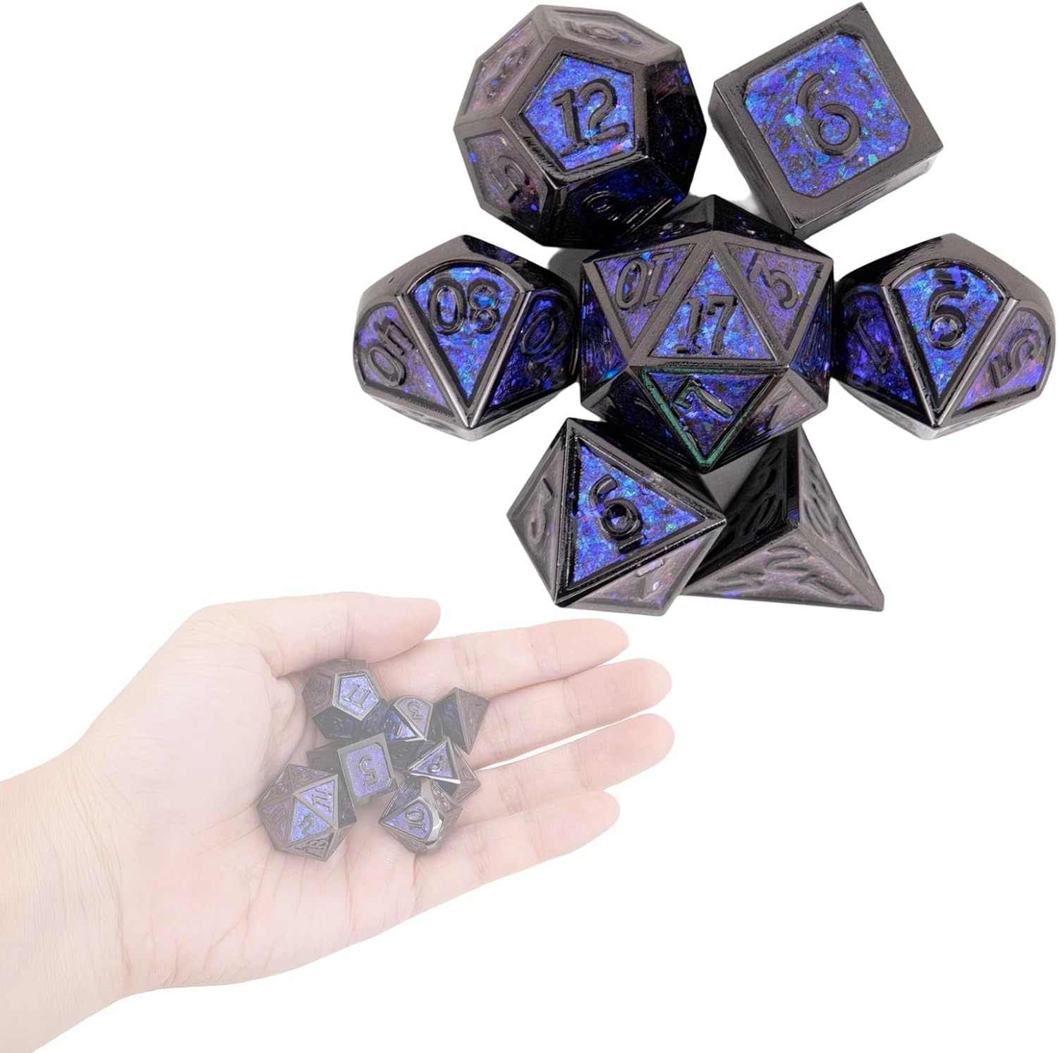 7 Piece Set of Black and Purple Metal Dice, Solid Metal Polyhedral Dice, Compatible with Role Playing RPG Board Game Card Game