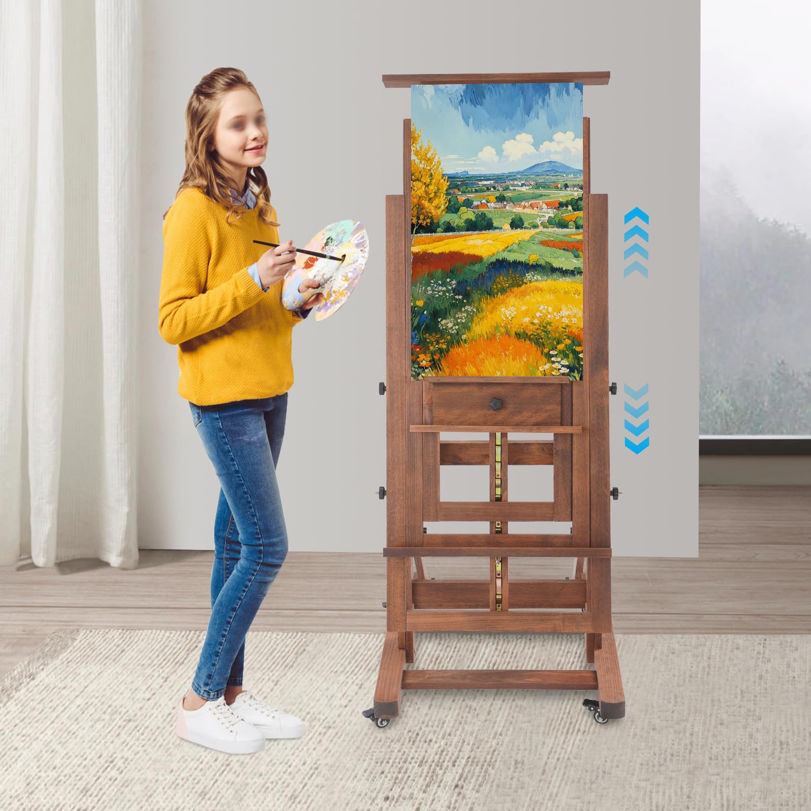 Staffelei Holz Bodenstaffelei mit Rädern, Groß Studio Holzstaffelei für 1&2 Leinwände, Neigbar, Flach Erhältlich, verstellbare Höhe 140-300cm (Retro Farbe)
