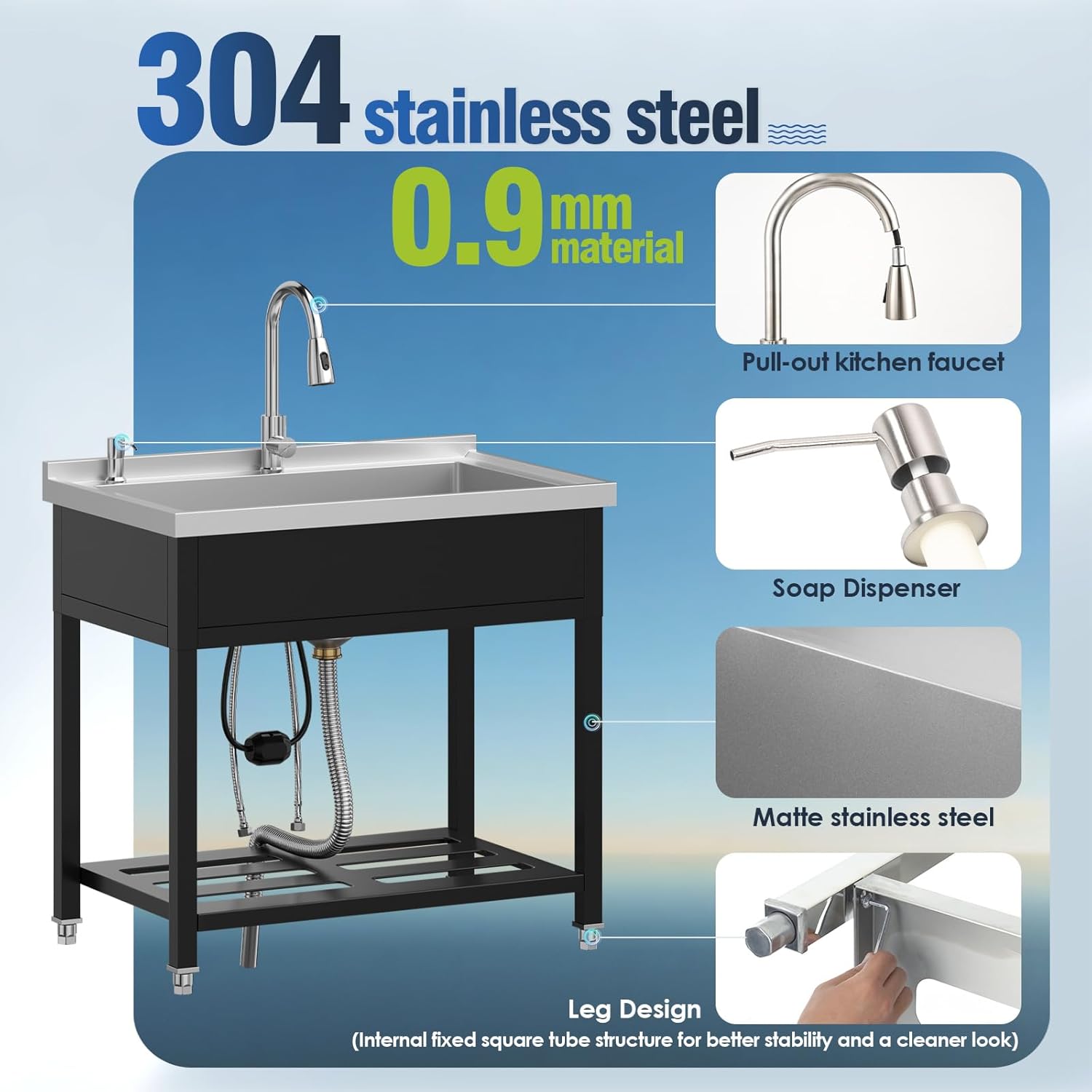 Stainless Steel Large Utility Sink Single Bowl, Freestanding Laundry Utility Sink with Soap Dispenser,Hot&Cold Pull-Out Faucet,Hose and Drain Kit for Laundry, Garage,NSF, Stainless steel, Black