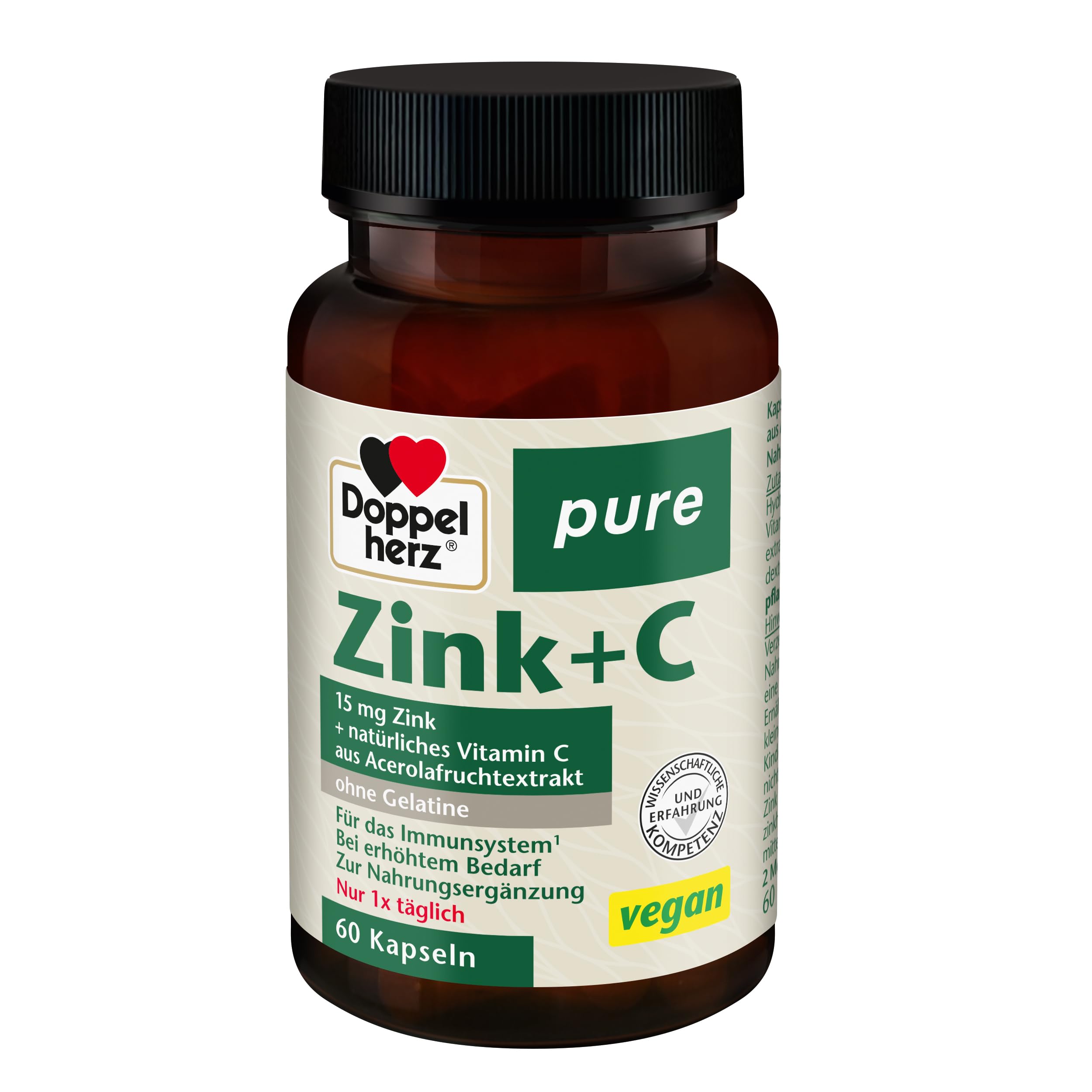 Doppelherz pure Zink + C – Vitamin C und Zink aus Acerolafruchtextrakt, 60 vegane Kapseln