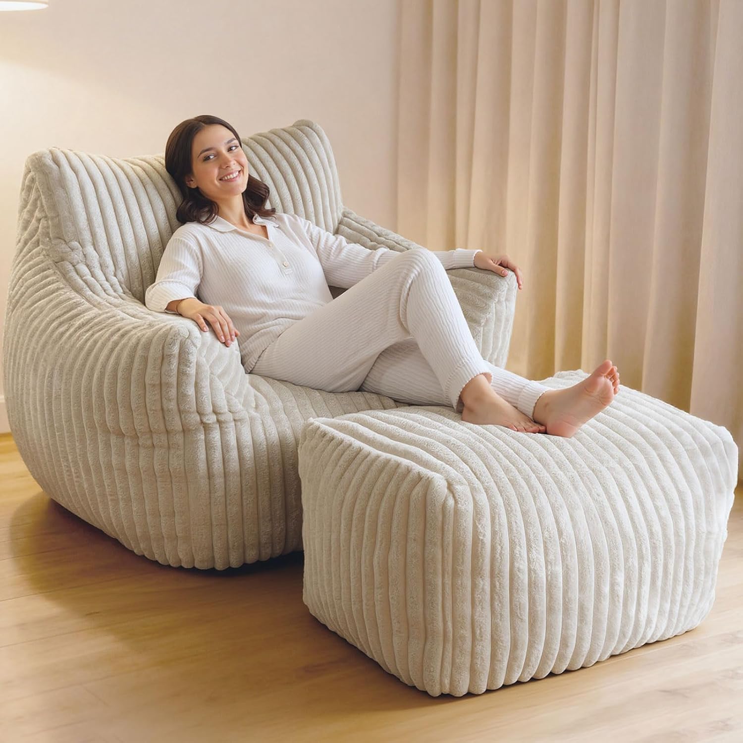 Giant Bean Bag Chair with Ottoman, Oversized Plush Comfy Bean Bag Sofa for Adults and Kids, Memory Foam Mini Couch Single Lounges for Living Room, Bedroom & Game Room(Beige)