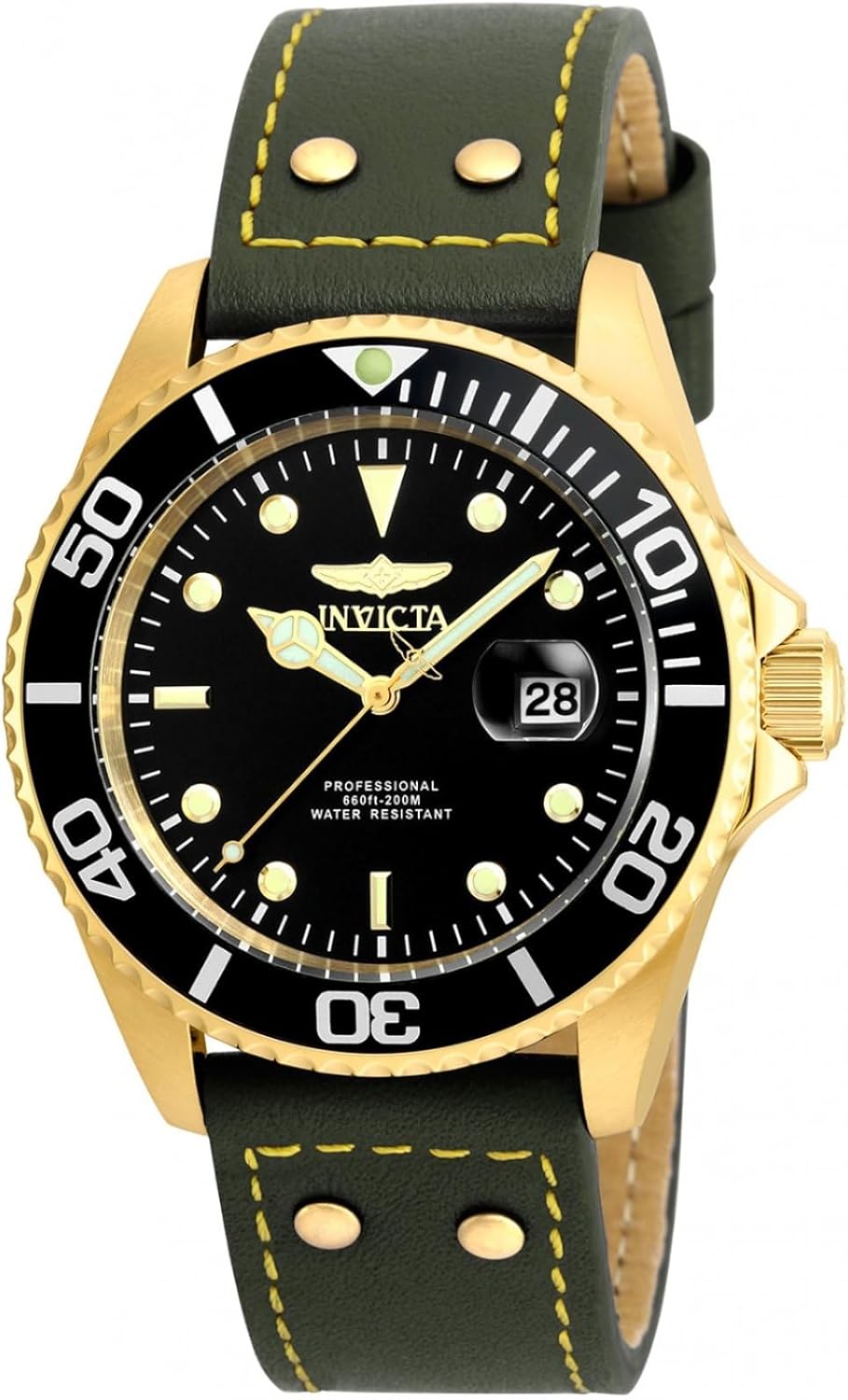 Invicta Men's 'Pro Diver' Quartz Stainless Steel and Leather Watch, Color:Green (Model: 22075)