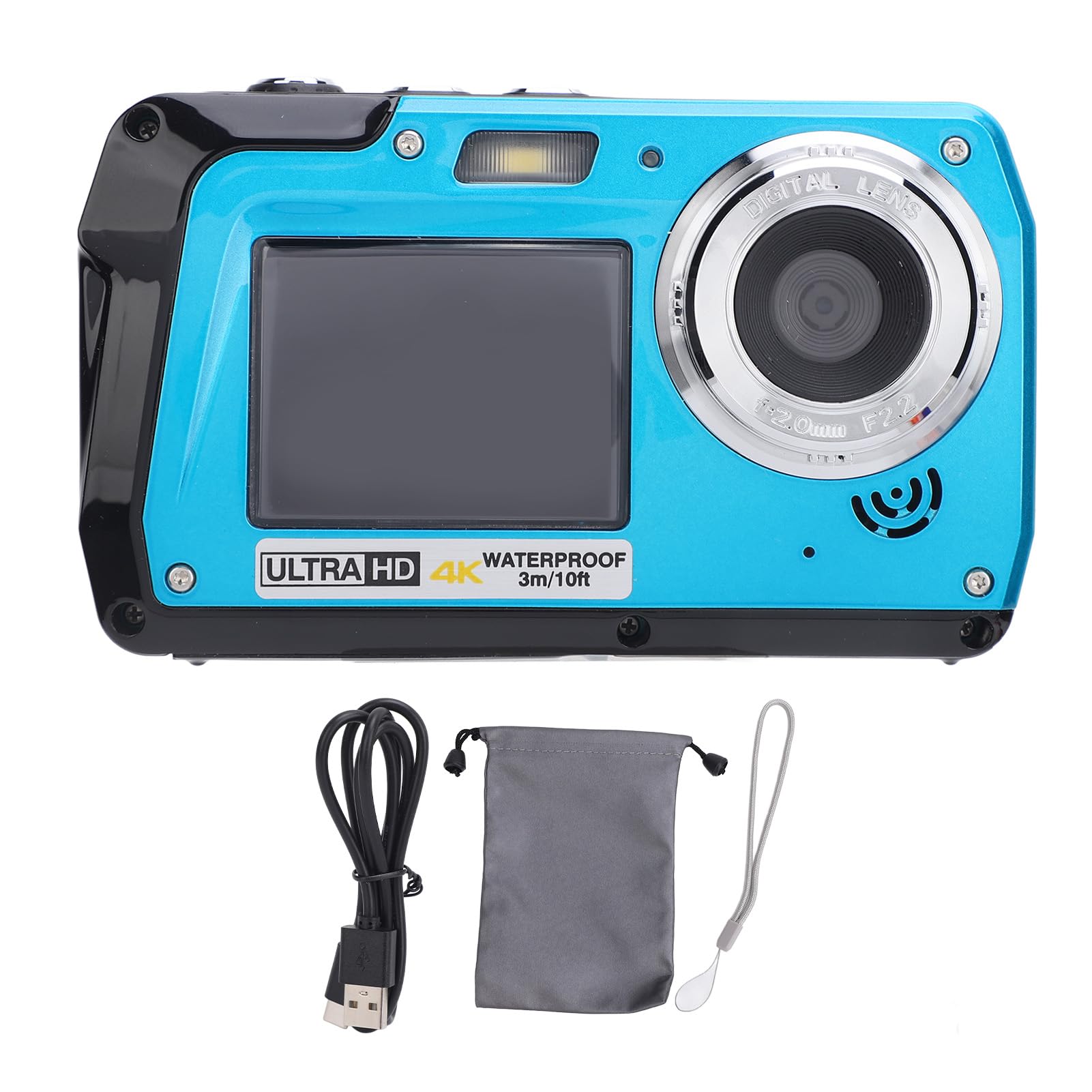 Fotocamera Subacquea 4K 56MP, Fotocamera con Zoom Digitale 16X con Doppio Schermo, Luce di Riempimento 1500mAh, Fotocamera Digitale Impermeabile da 10 Piedi per Nuoto, Rafting,