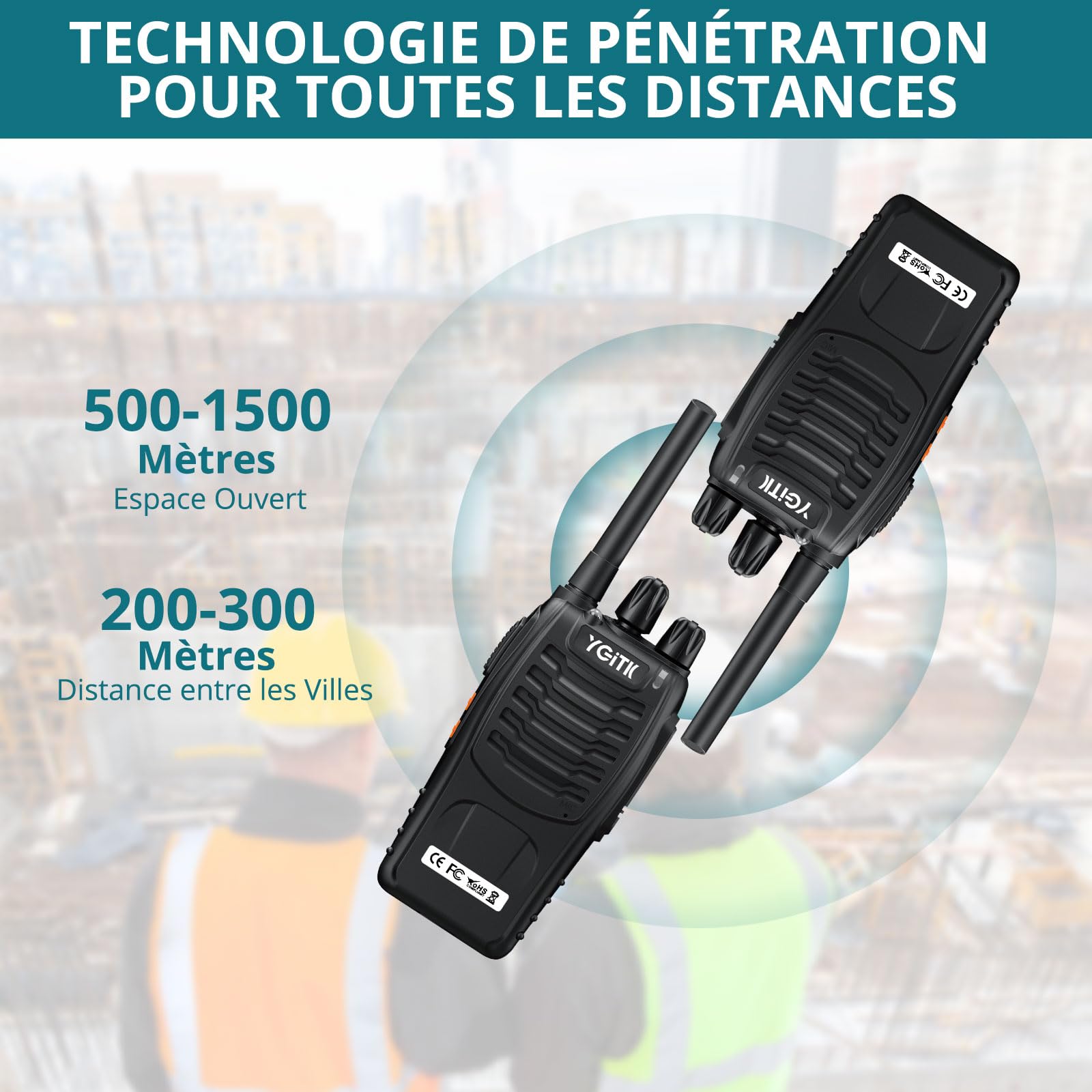 Talkie Walkie Rechargeable Longue Portée 16 Canaux PMR Talkies-Walkies Radio, Radio sans Licence, Fonction VOX, Lampe LED, Portatif pour Extérieur, École, Maison (2 Unités)