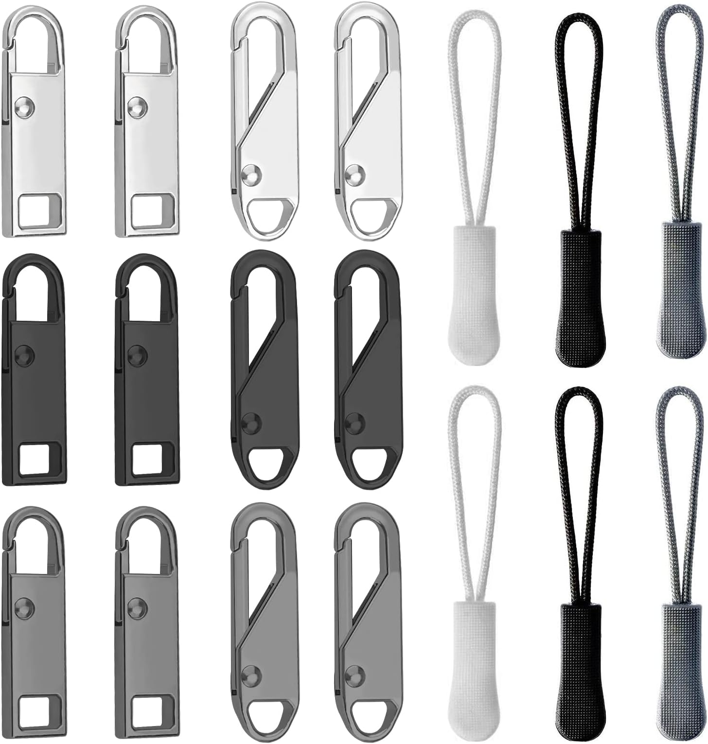 18pcs Zipper Pull Replacement Metal Zip Gripper Mend Fixer Zip Tab Puller Zip Tab Cord Puller Extension, for Suitcases Coats Boots Jackets Backpacks Tents(3 Types, 3 Colors)