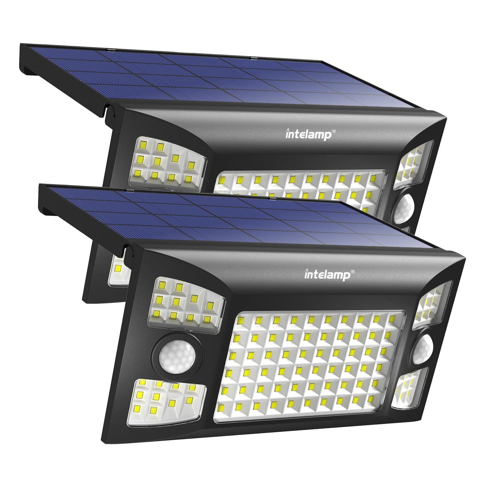 intelamp Luz Solar Exterior, 1300LM/3 Modos Focos Solares Exterior con Sensor de Movimiento, 4000mAH IP65 Impermeable Lamparas Exterior para Jardín, Garaje, Calle, Patio, Caminos (2)