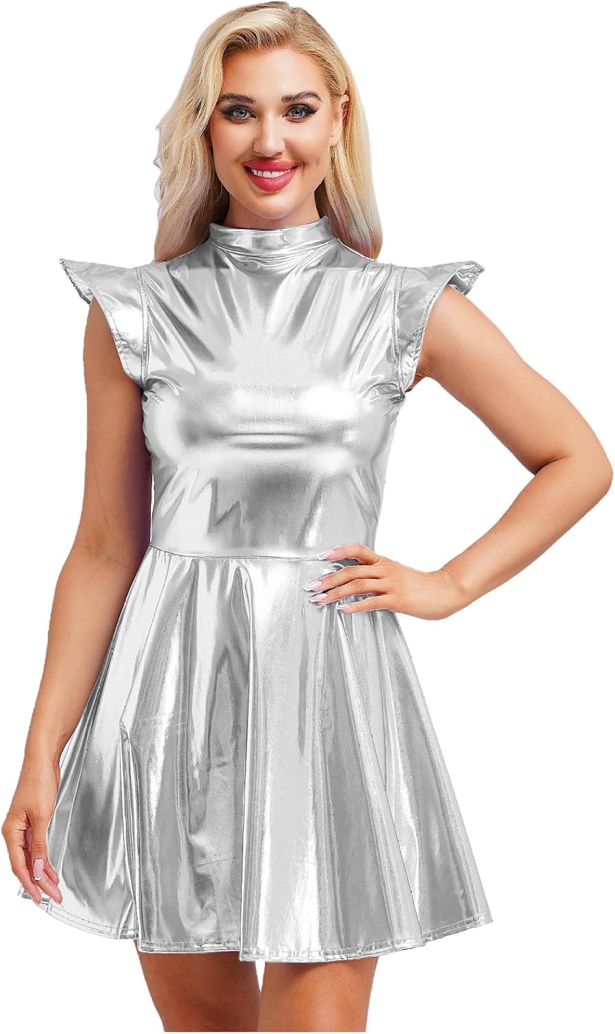Womens Shiny Metallic Alien Cosplay Costume Cap Sleeve Mock Neck A-line Dress Nightclub