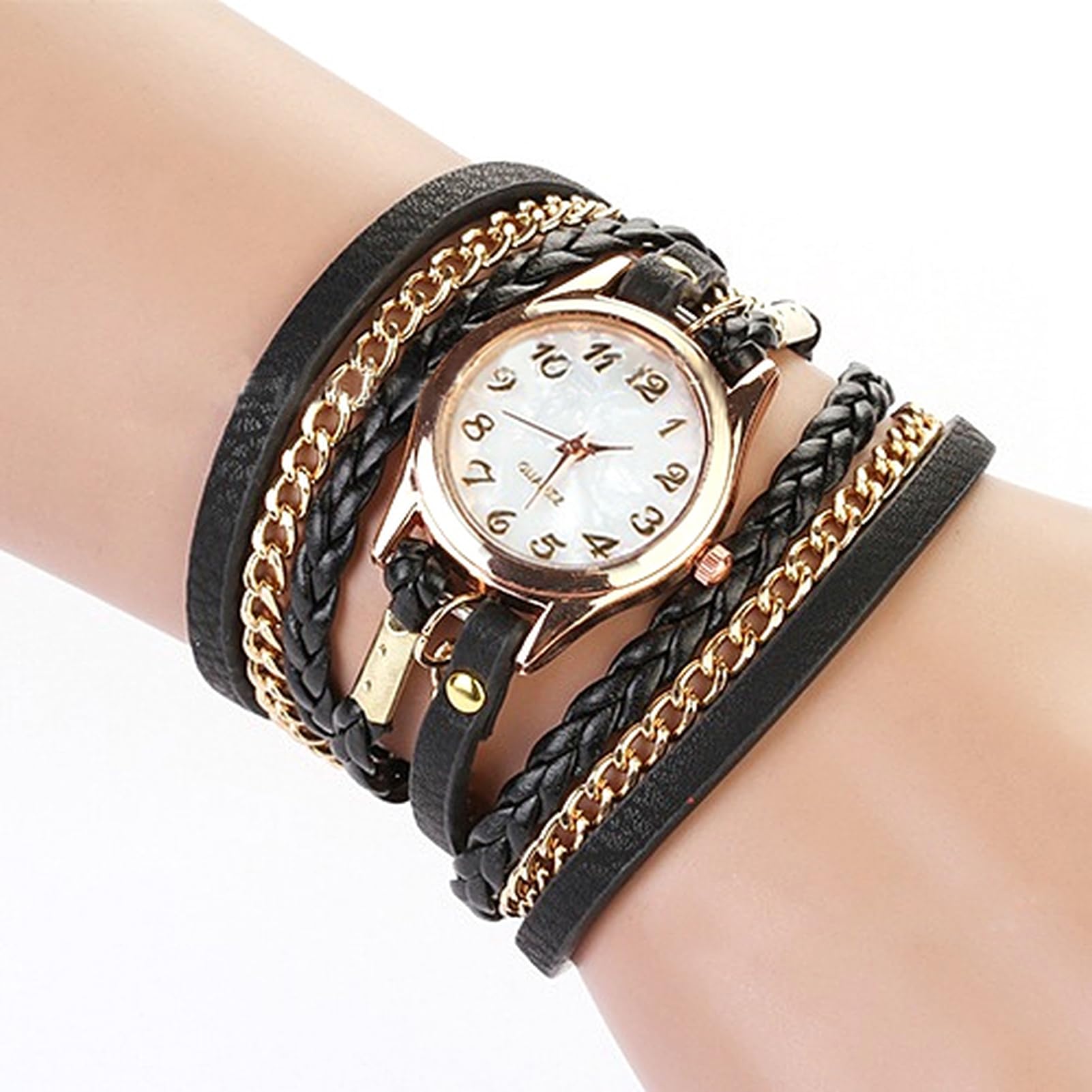 matumou Women Vintage Multilayer Faux Leather Alloy Braided Bracelet Wrist Watch Jewelry