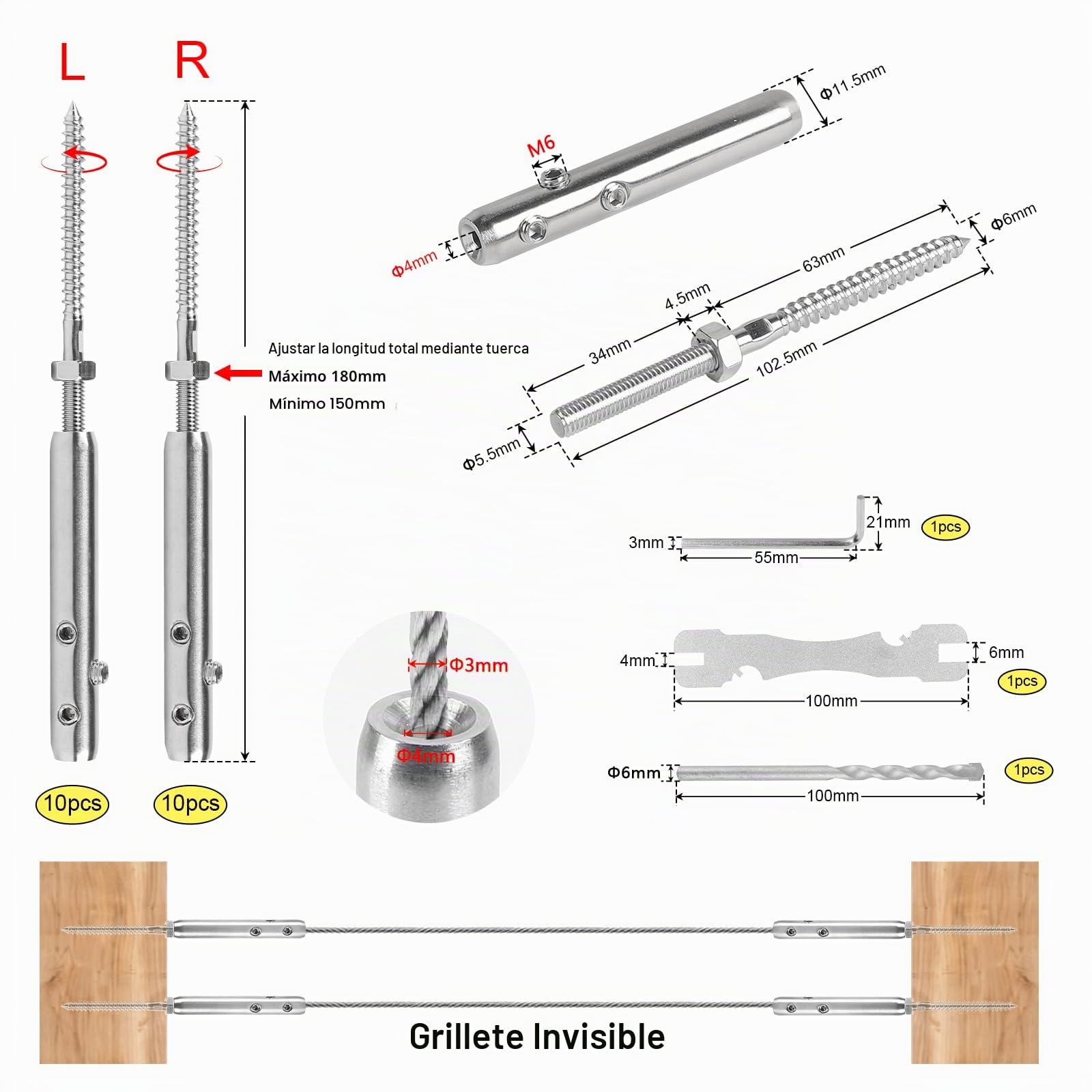 Tensor de alambre para cercas 3 mm Tornillo tensor de acero inoxidable T316 Juego para fijación de cables y barandillas – 10 roscas a derecha y 10 a izquierda (20 unidades)