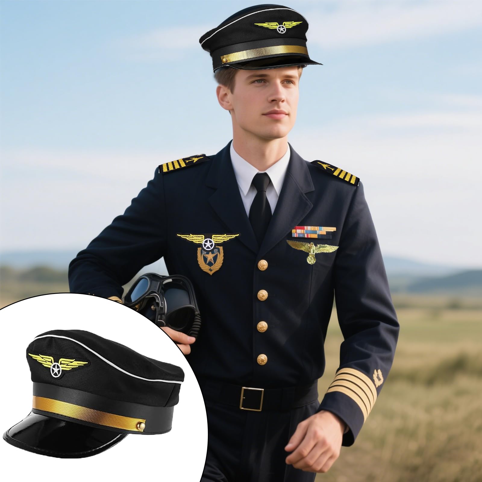 Kostium pilota, kostium kapitana, akcesoria do kostiumu, zestaw pilotów, kapitan, karnawał, pagony, paski, kapelusz pilotka, dla dorosłych i mężczyzn, na imprezę (czarny)