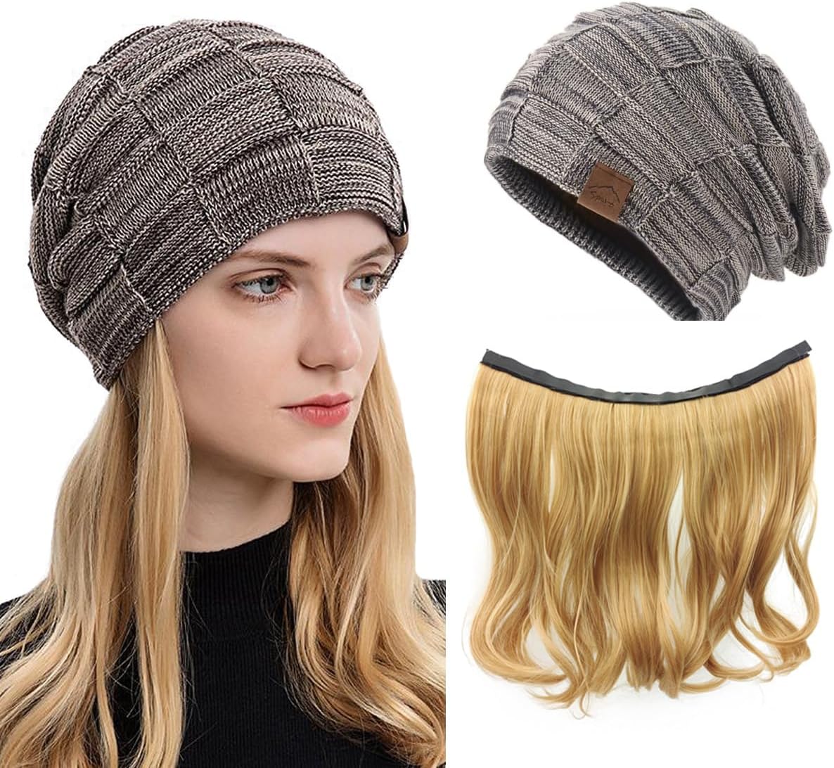 Winter Beanie Wig for Women,Hat with Hair Attached,Knit Warm Thick Skully Stocking Binie Wig