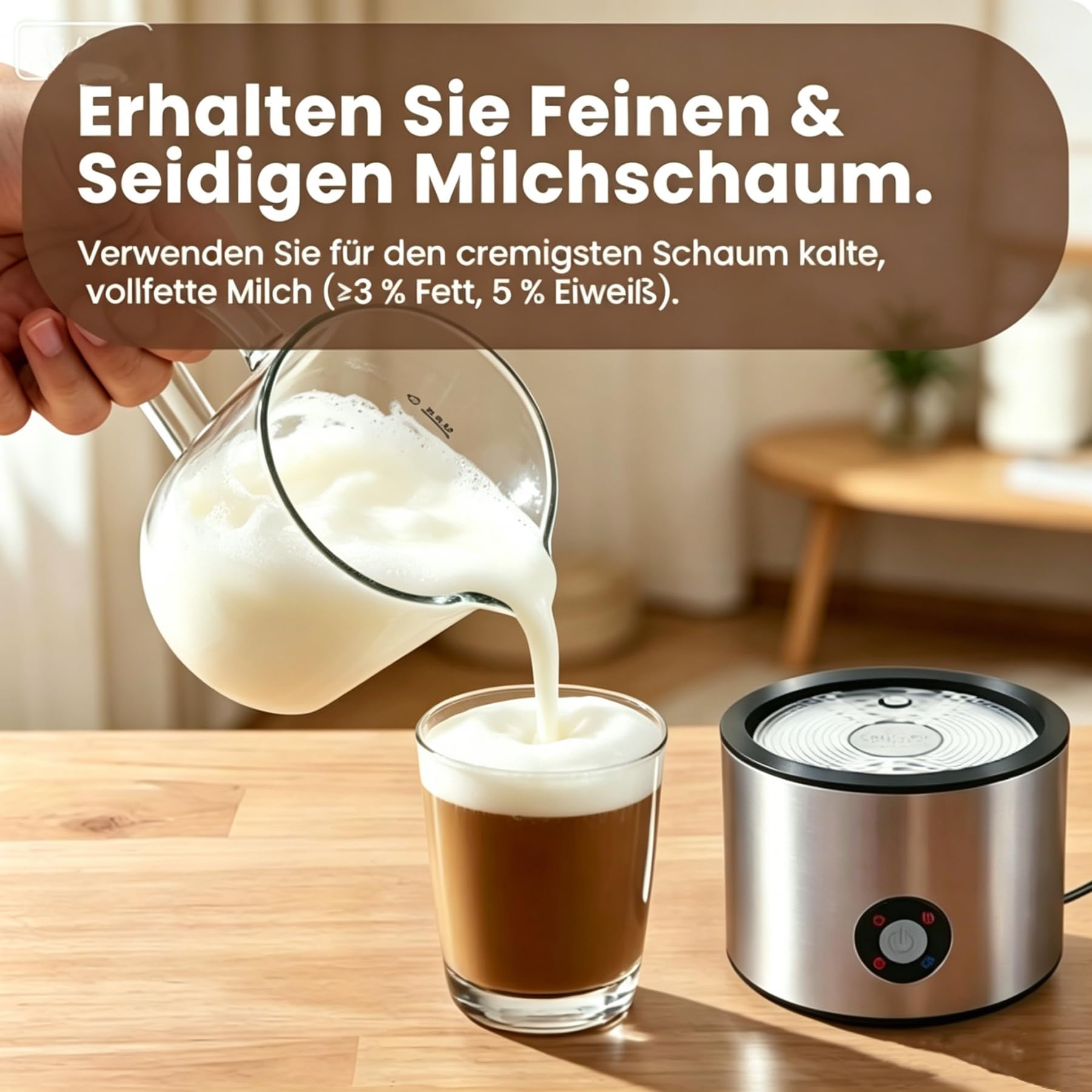 Milchaufschäumer Elektrisch 4 in 1, Milchschäumer Induktion 500ml Kalt Warm, Automatische, Spülmaschinenfest, Abnehmbar Visuelles Glas für Kaffee und Latte