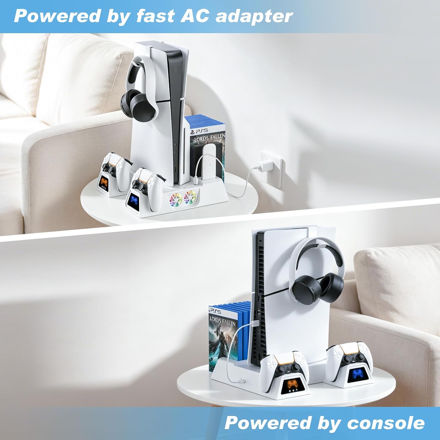 LENISUOLE PS5/Slim/Pro Stand and Cooling Station, with 3 Level Cooler Fan for PlayStation 5 Disc Digital Console, LED Dual Controller Charging Station, Headset Holder, Game Slot White 7 71JB71dRiVL. SL1500