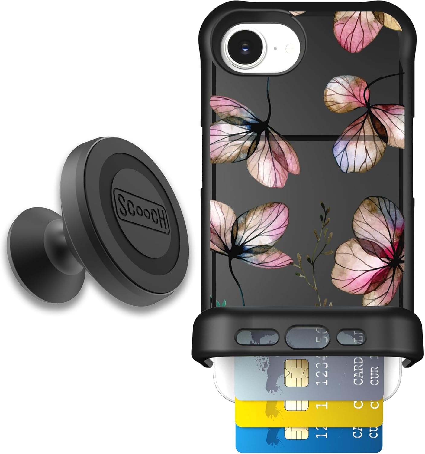 Scooch for iPhone 16e Case with Card Holder, Wingmate Wallet Case with Hidden Card Slot and RFID Protection for up to 4 Cards, 10-Foot Drop Protection, Wingmount Bundle, Dried Flowers