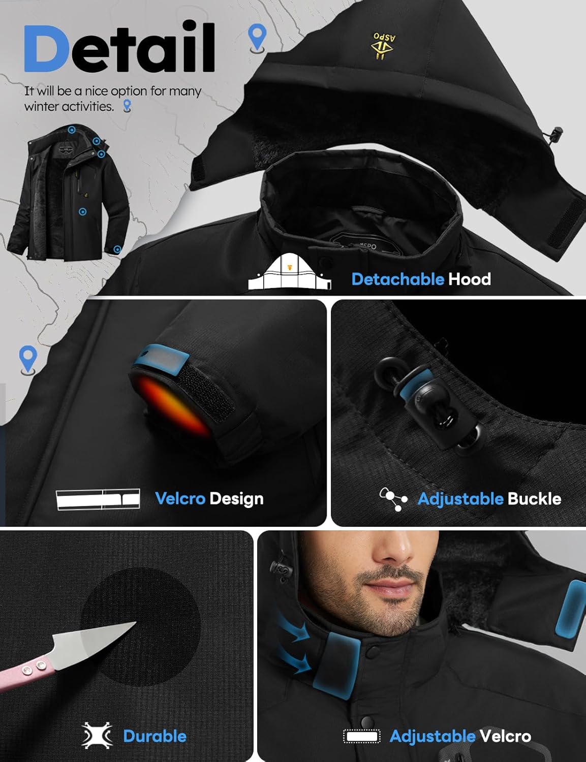 ASPO Men's Waterproof Ski Jacket Winter Warm Snow Coat Fleece lined Snowboard Hooded Mountain Windbreaker Raincoat Hiking - Image 7