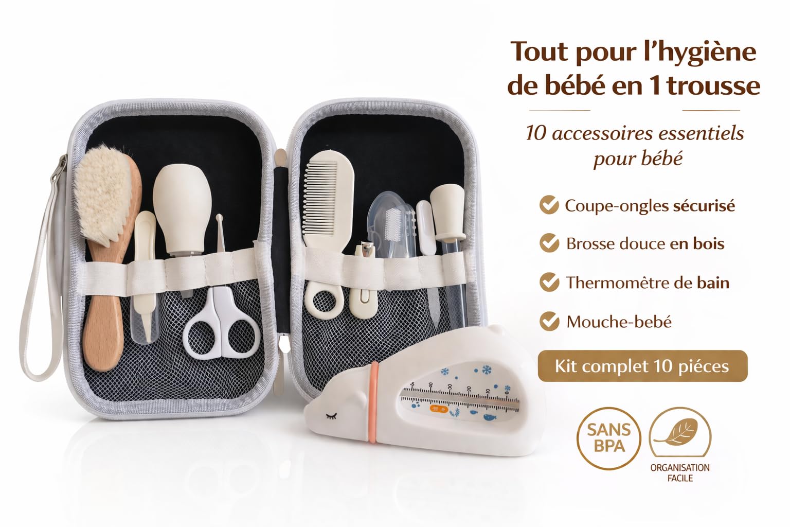 Trousse de Soin Bébé - Kit Complet 10 Accessoires Sans BPA - Brosse en Bois Douce, Coupe-Ongles, Ciseaux - Cadeau de Naissance Pratique et Indispensable