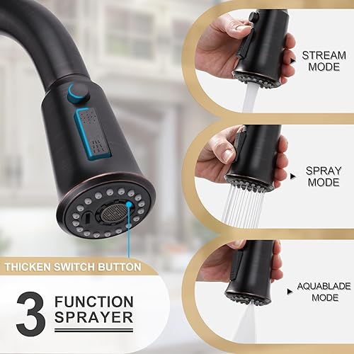 Miniatura 6 de WOWOW Grifo de cocina con pulverizador, bronce aceitado frotado de una sola manija, acero inoxidable de arco alto, grifo de cocina con rociador para